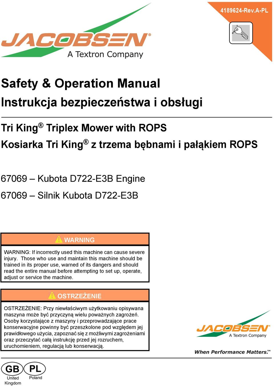 D722-E3B WARNING WARNING: If incorrectly used this machine can cause severe injury.