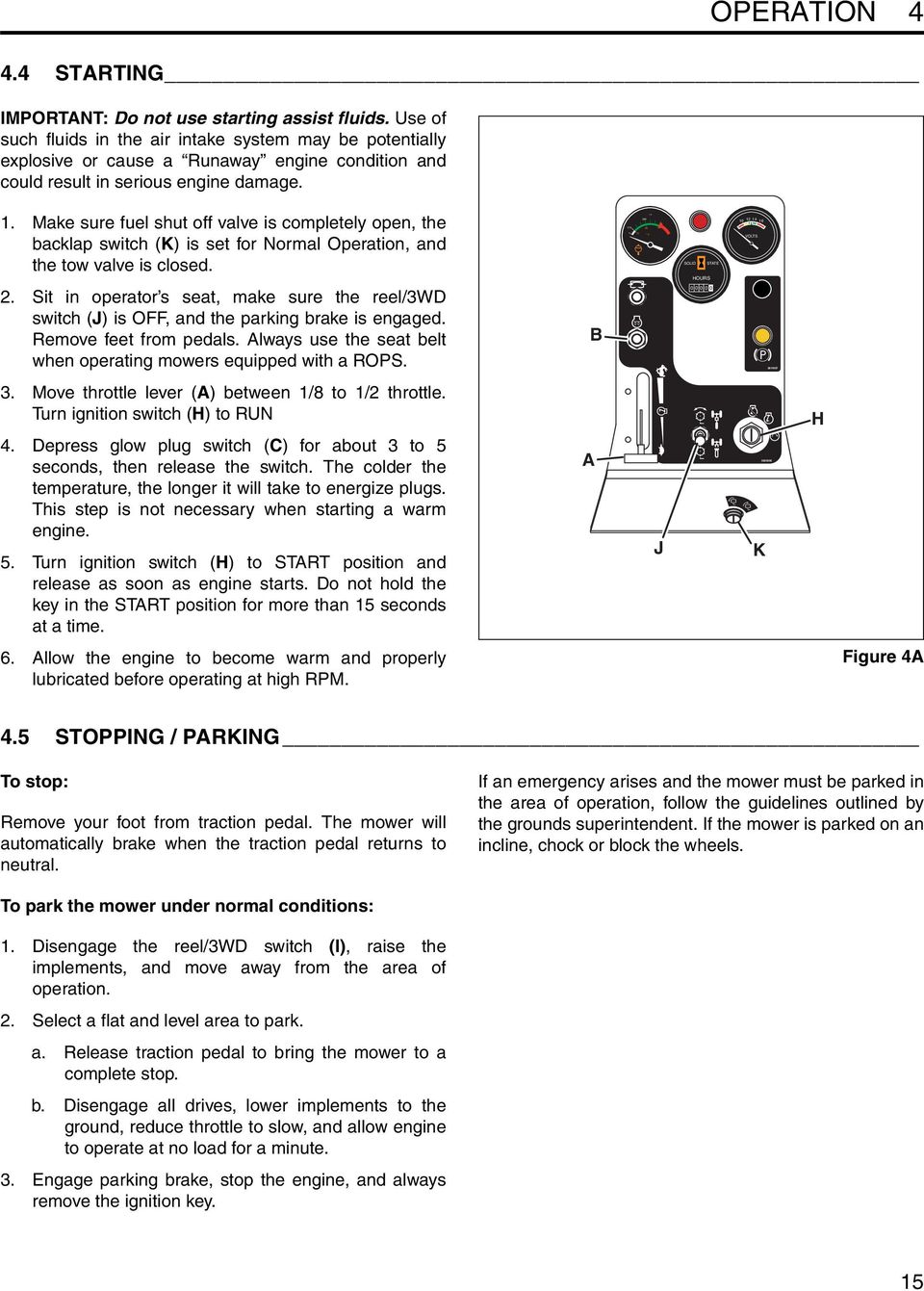 Make sure fuel shut off valve is completely open, the backlap switch (K) is set for Normal Operation, and the tow valve is closed. 2.