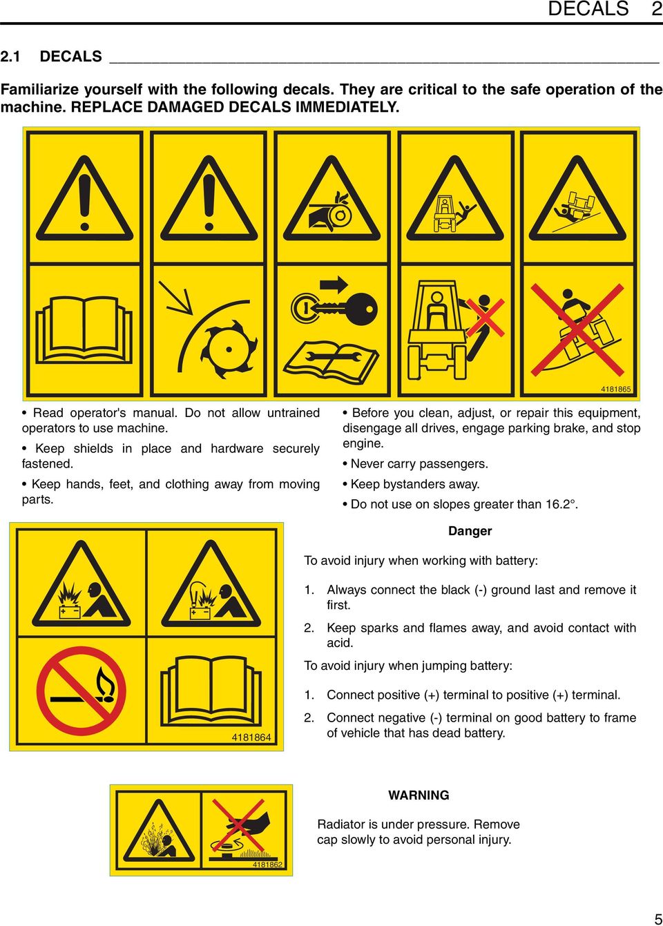 Before you clean, adjust, or repair this equipment, disengage all drives, engage parking brake, and stop engine. Never carry passengers. Keep bystanders away. Do not use on slopes greater than 16.2.