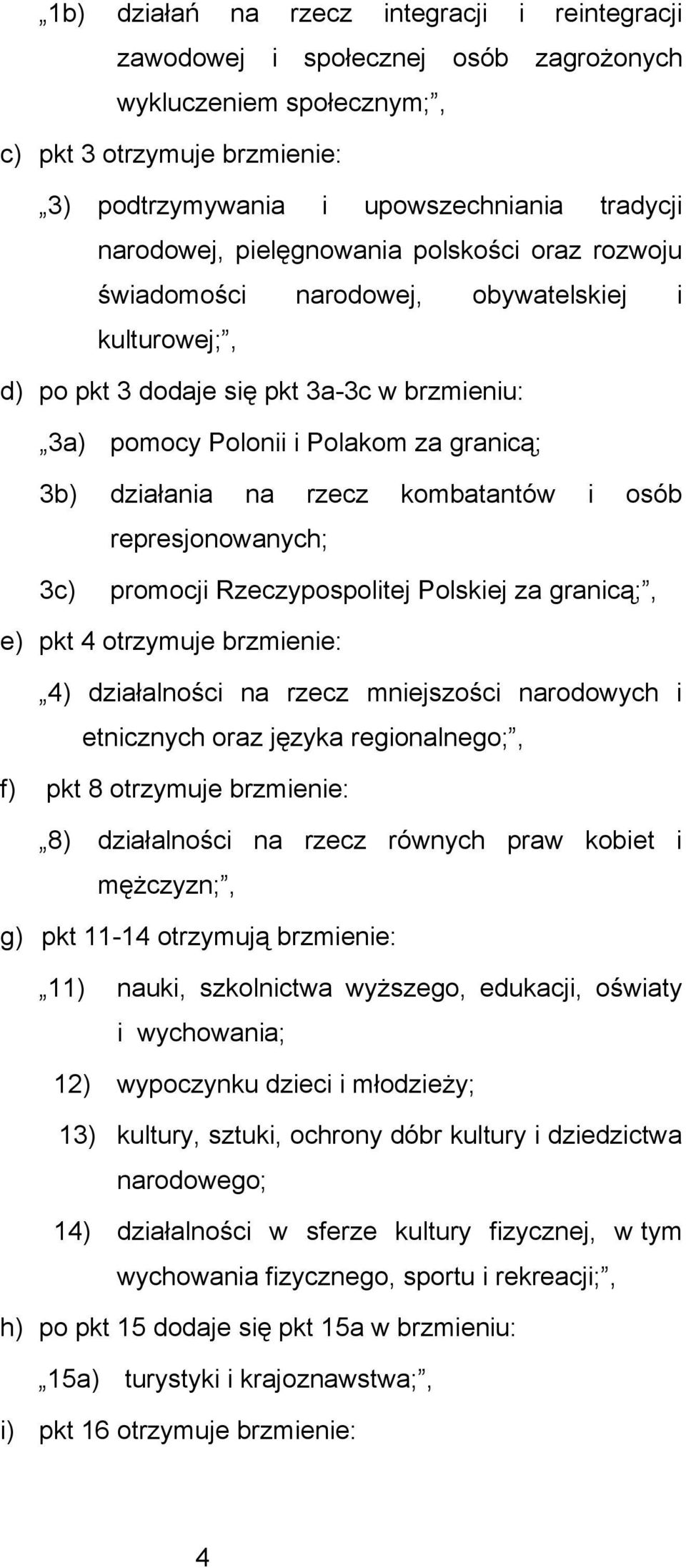 kombatantów i osób represjonowanych; 3c) promocji Rzeczypospolitej Polskiej za granicą;, e) pkt 4 otrzymuje brzmienie: 4) działalności na rzecz mniejszości narodowych i etnicznych oraz języka