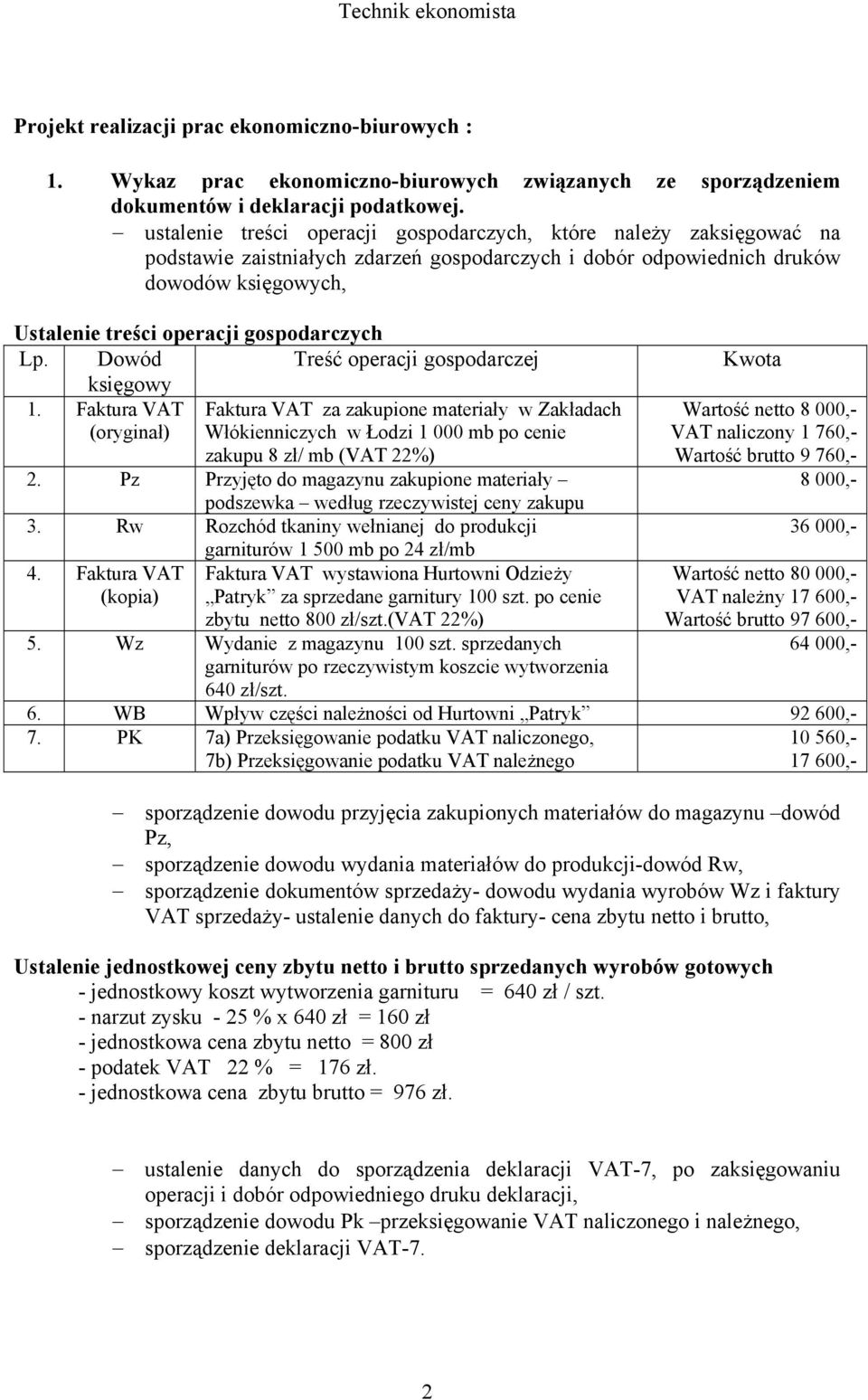 gospodarczych Lp. Dowód księgowy Treść operacji gospodarczej 1.