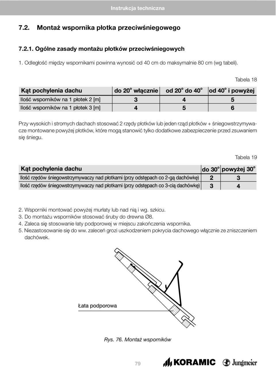 Tabela 18 Przy wysokich i stromych dachach stosować 2 rzędy płotków lub jeden rząd płotków + śniegowstrzymywacze montowane powyżej płotków, które mogą stanowić tylko dodatkowe