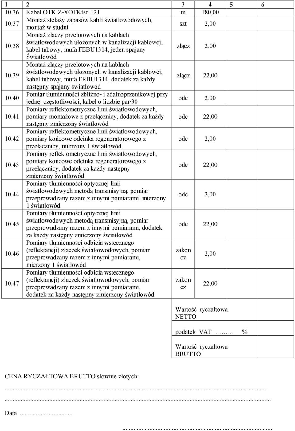 39 Montaż łący prelotowych na kablach światłowodowych ułożonych w kanaliacji kablowej, kabel tubowy, mufa FRBU1314, dodatek a każdy łąc 2 następny spajany światłowód 10.