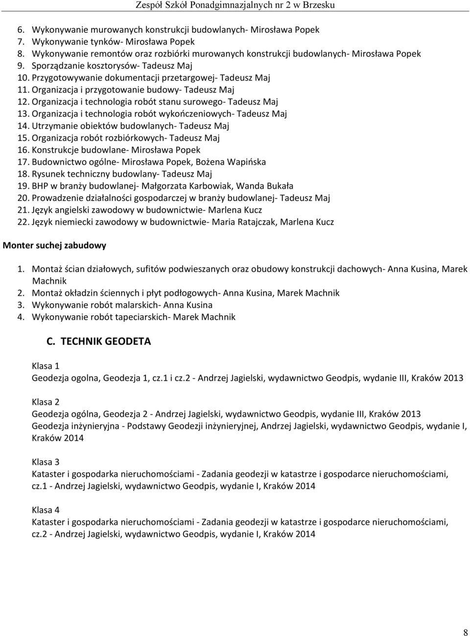 Organizacja i technologia robót stanu surowego- Tadeusz Maj 13. Organizacja i technologia robót wykończeniowych- Tadeusz Maj 14. Utrzymanie obiektów budowlanych- Tadeusz Maj 15.