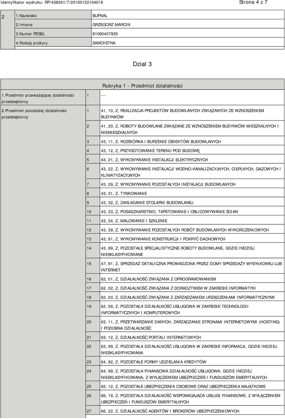 Przedmiot pozostałej działalności przedsiębiorcy 1 --- 1 41, 10, Z, REALIZACJA PROJEKTÓW BUDOWLANYCH ZWIĄZANYCH ZE WZNOSZEM BUDYNKÓW 2 41, 20, Z, ROBOTY BUDOWLANE ZWIĄZANE ZE WZNOSZEM BUDYNKÓW