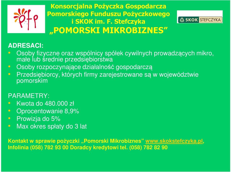 Stefczyka POMORSKI MIKROBIZNES ADRESACI: Osoby fizyczne oraz wspólnicy spółek cywilnych prowadzących mikro, małe lub średnie przedsiębiorstwa