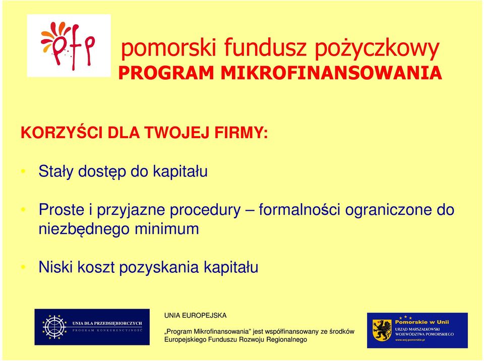 niezbędnego minimum Niski koszt pozyskania kapitału UNIA EUROPEJSKA Program