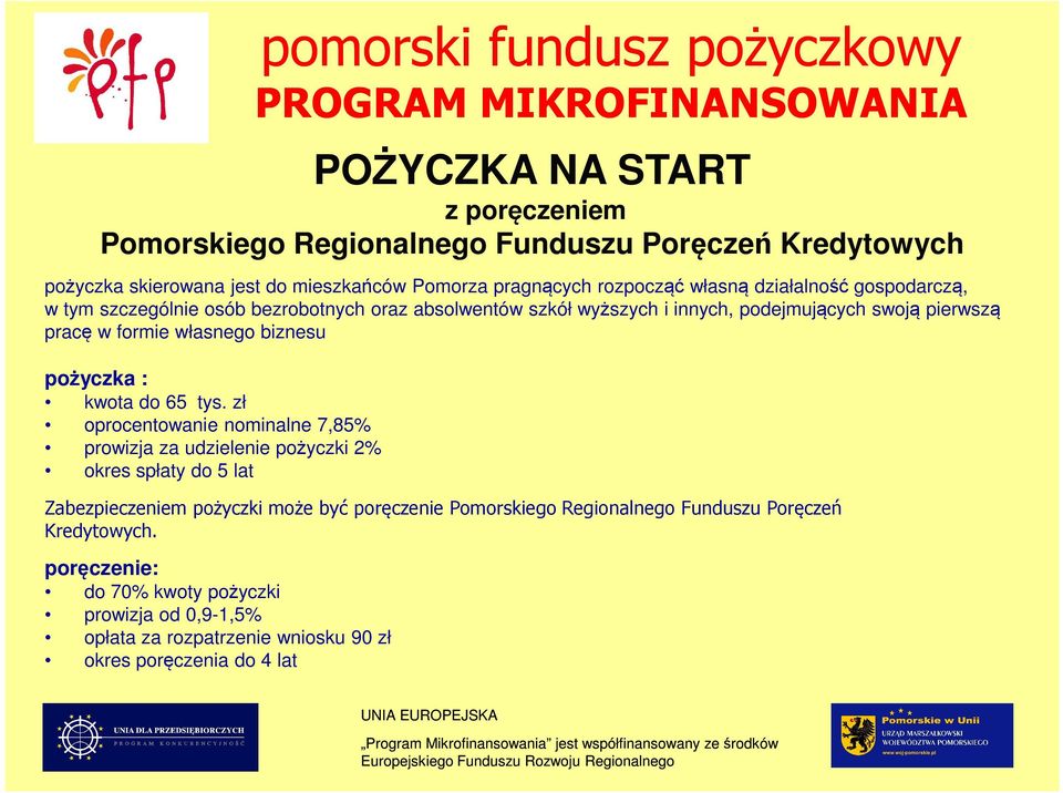 zł oprocentowanie nominalne 7,85% prowizja za udzielenie pożyczki 2% okres spłaty do 5 lat Zabezpieczeniem pożyczki może być poręczenie Pomorskiego Regionalnego Funduszu Poręczeń Kredytowych.