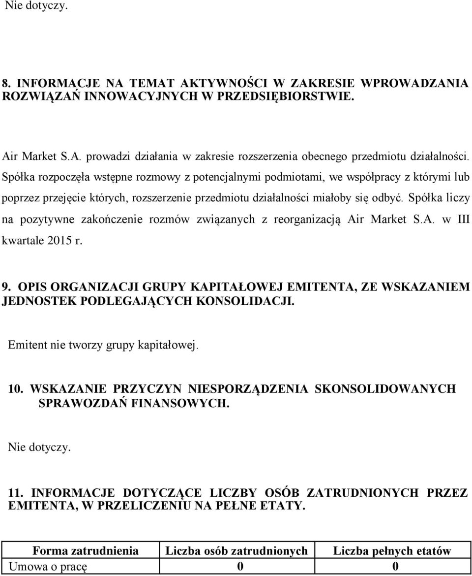 Spółka liczy na pozytywne zakończenie rozmów związanych z reorganizacją Air Market S.A. w III kwartale 2015 r. 9.