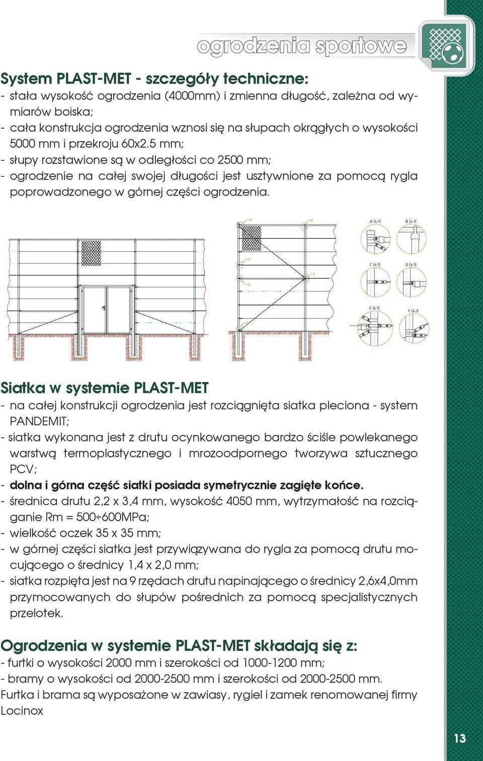 5 mm; - słupy rozstawione są w odległości co 2500 mm; - ogrodzenie na całej swojej długości jest usztywnione za pomocą rygla poprowadzonego w górnej części ogrodzenia.