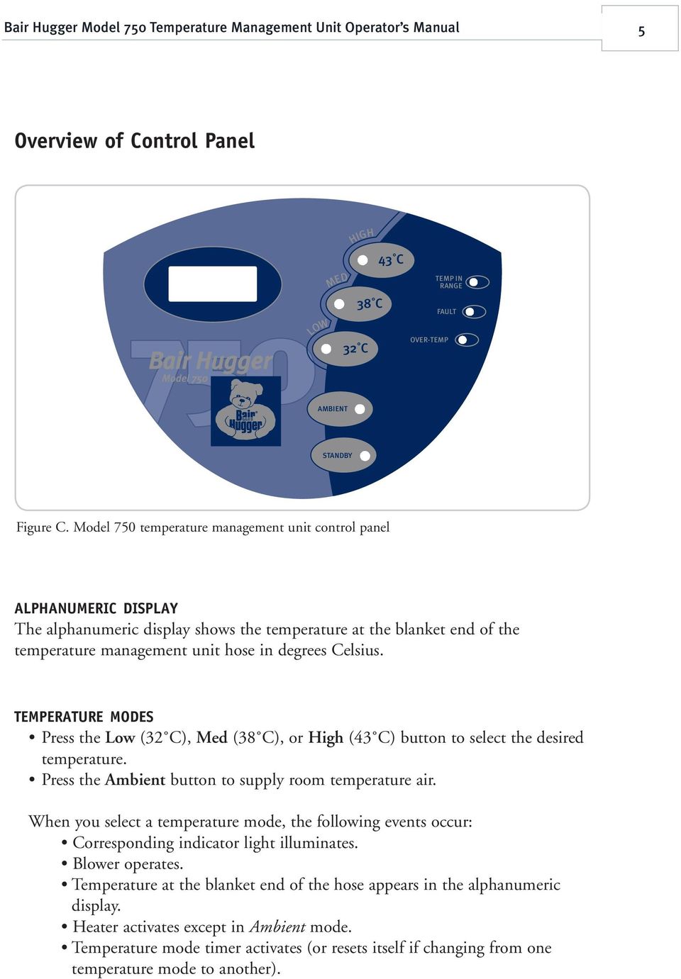 TEMPERATURE MODES Press the Low (32 C), Med (38 C), or High (43 C) button to select the desired temperature. Press the Ambient button to supply room temperature air.