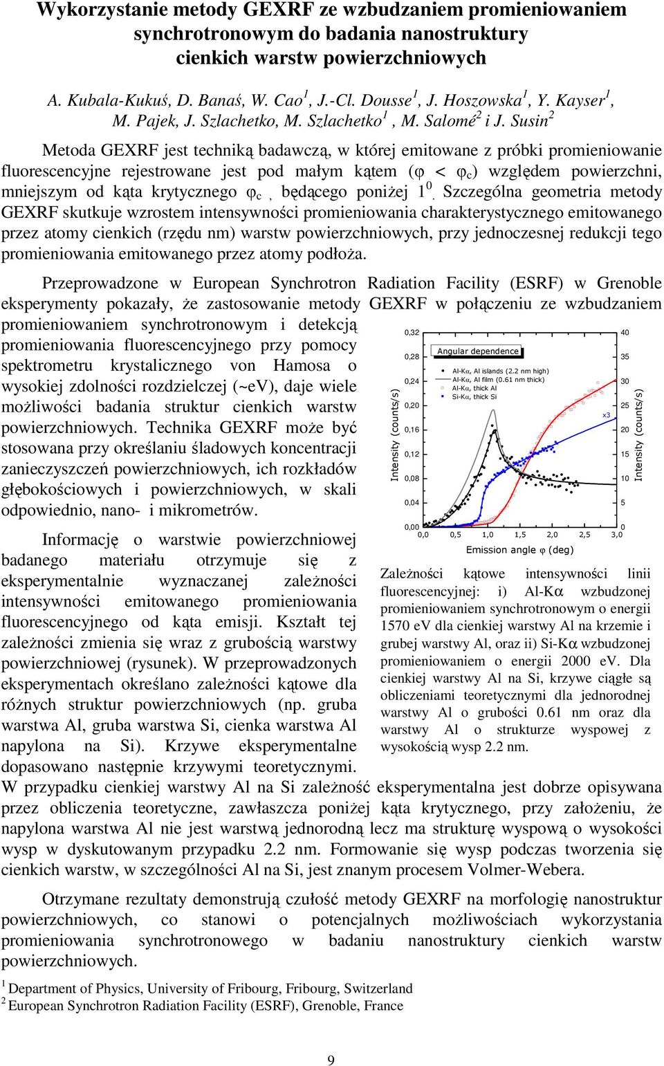 Susin 2 Metoda GEXRF jest techniką badawczą, w której emitowane z próbki promieniowanie fluorescencyjne rejestrowane jest pod małym kątem (φ < φ c ) względem powierzchni, mniejszym od kąta