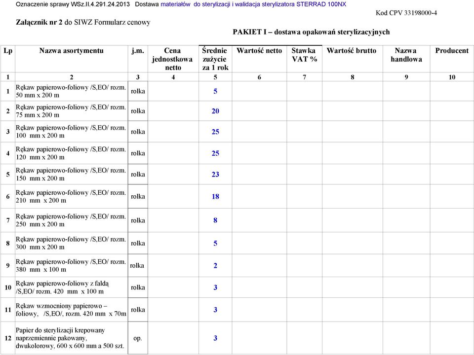 Cena Średnie Wartość netto Stawka Wartość brutto Nazwa Producent jednostkowa zużycie VAT % handlowa netto za 1 rok 1 2 3 4 5 6 7 8 9 10 1 50 mm x 200 m 5 2