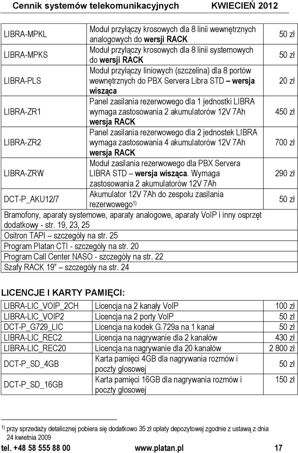 zastosowania 2 akumulatorów 12V 7Ah wersja RACK Panel zasilania rezerwowego dla 2 jednostek LIBRA LIBRA-ZR2 wymaga zastosowania 4 akumulatorów 12V 7Ah wersja RACK Moduł zasilania rezerwowego dla PBX