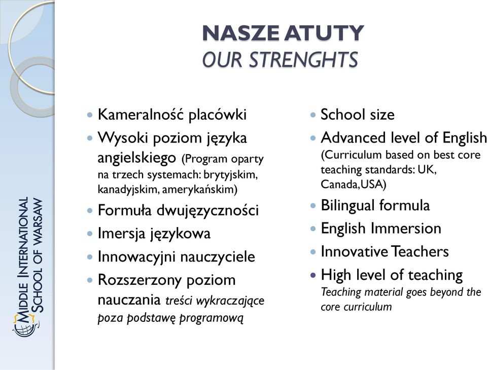 wykraczające poza podstawę programową School size Advanced level of English (Curriculum based on best core teaching standards: UK,