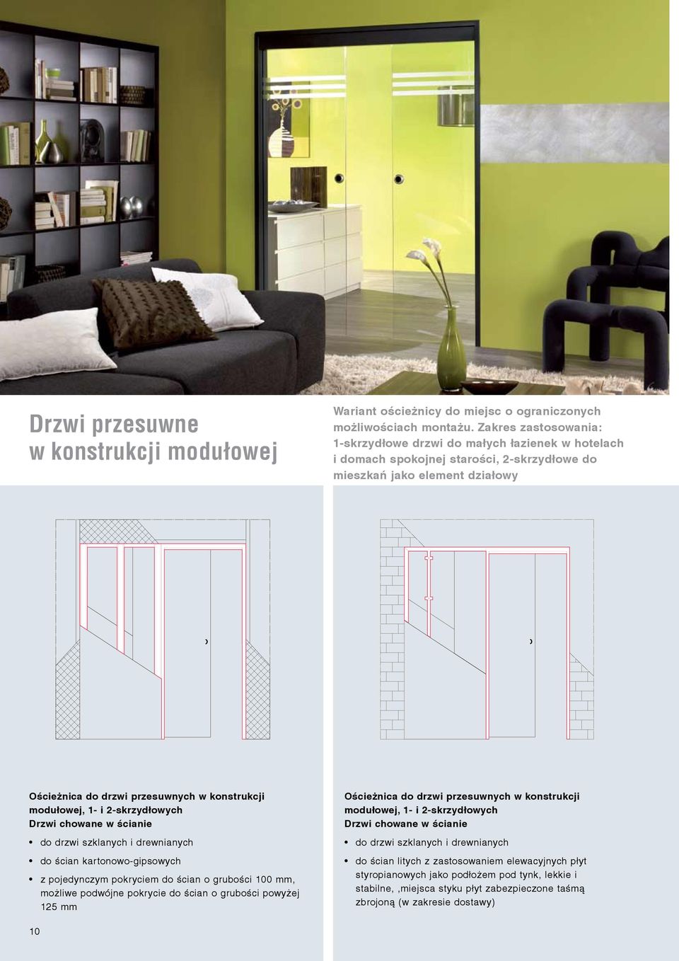 modułowej, 1- i 2-skrzydłowych Drzwi chowane w ścianie do drzwi szklanych i drewnianych do ścian kartonowo-gipsowych z pojedynczym pokryciem do ścian o grubości 100 mm, możliwe podwójne pokrycie do