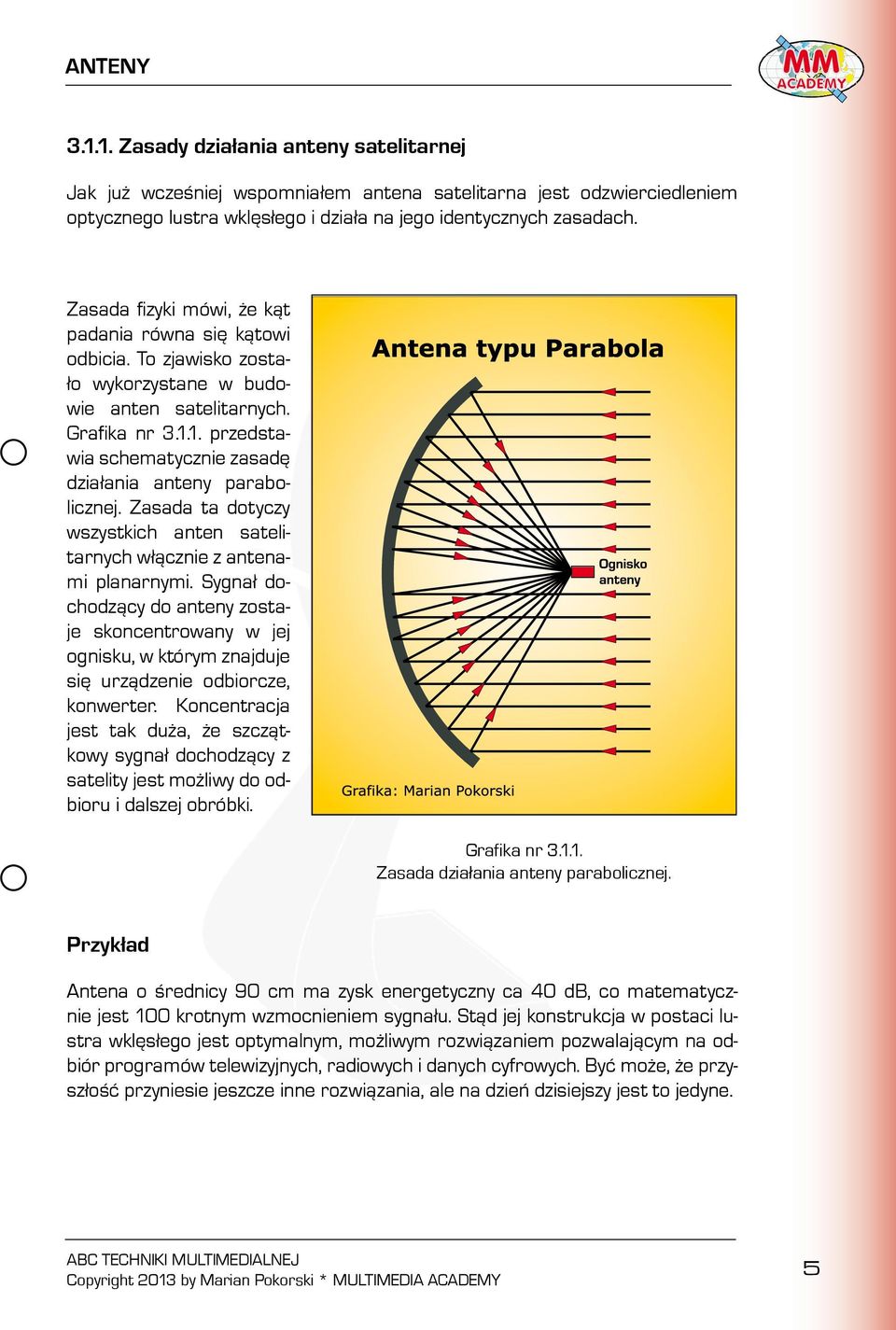 1. przedstawia schematycznie zasadę działania anteny parabolicznej. Zasada ta dotyczy wszystkich anten satelitarnych włącznie z antenami planarnymi.