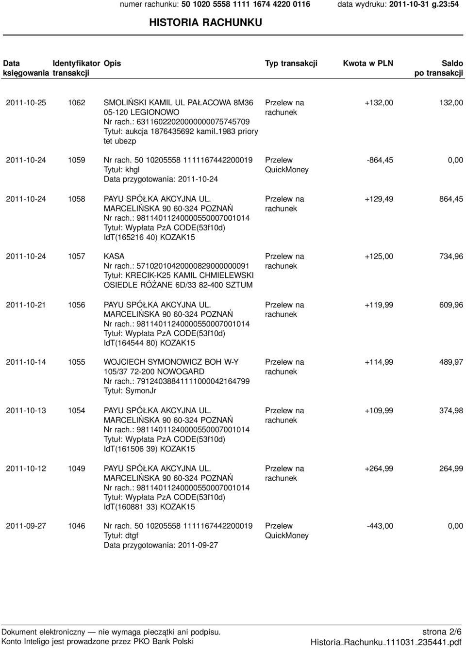 : 57102010420000829000000091 Tytuł: KRECIK-K25 KAMIL CHMIELEWSKI OSIEDLE RÓŻANE 6D/33 82-400 SZTUM 2011-10-21 1056 PAYU SPÓŁKA AKCYJNA UL.
