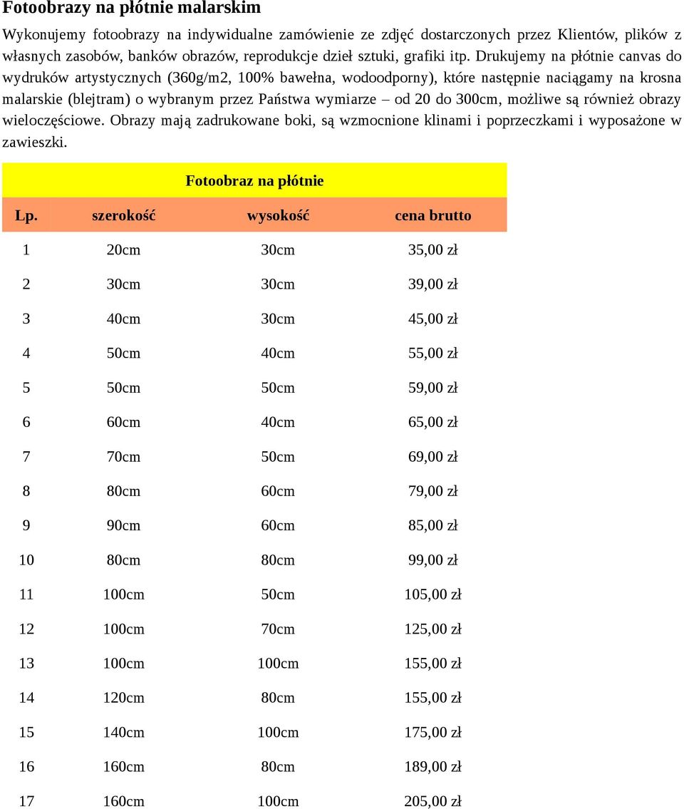 300cm, możliwe są również obrazy wieloczęściowe. Obrazy mają zadrukowane boki, są wzmocnione klinami i poprzeczkami i wyposażone w zawieszki. Fotoobraz na płótnie Lp.