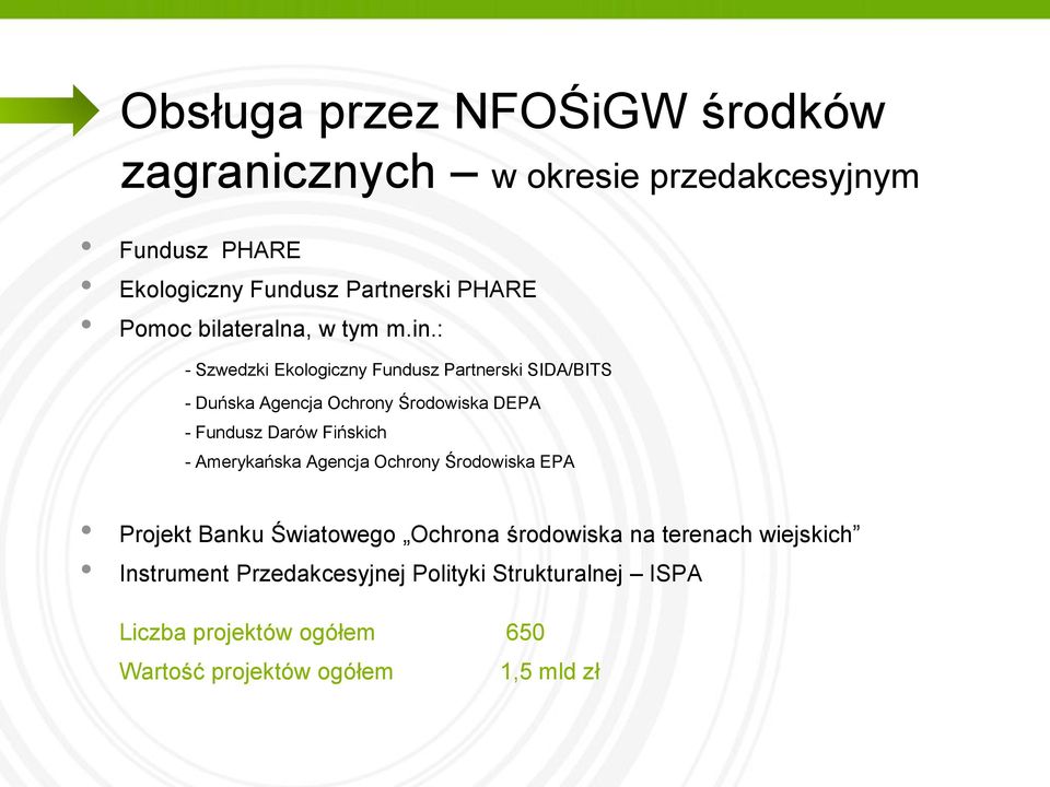 : - Szwedzki Ekologiczny Fundusz Partnerski SIDA/BITS - Duńska Agencja Ochrony Środowiska DEPA - Fundusz Darów Fińskich -