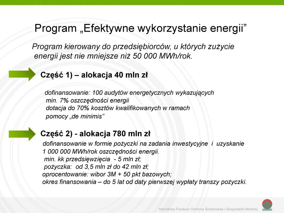 7% oszczędności energii dotacja do 70% kosztów kwalifikowanych w ramach pomocy de minimis Część 2) - alokacja 780 mln zł dofinansowanie w formie pożyczki na zadania