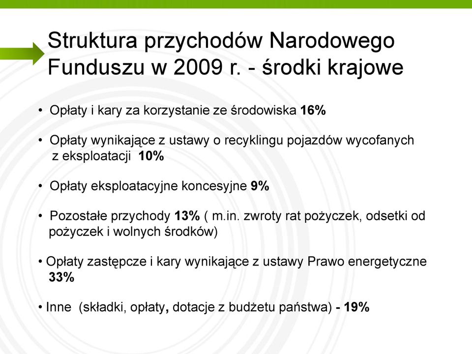 pojazdów wycofanych z eksploatacji 10% Opłaty eksploatacyjne koncesyjne 9% Pozostałe przychody 13% ( m.in.