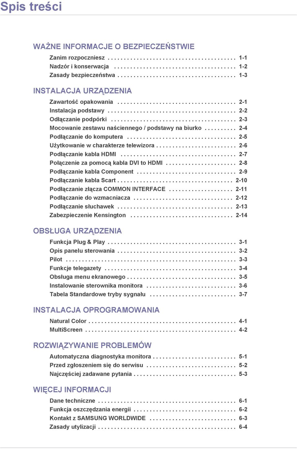 ...................................... 2-3 Mocowanie zestawu naściennego / podstawy na biurko.......... 2-4 Podłączanie do komputera.................................. 2-5 Użytkowanie w charakterze telewizora.