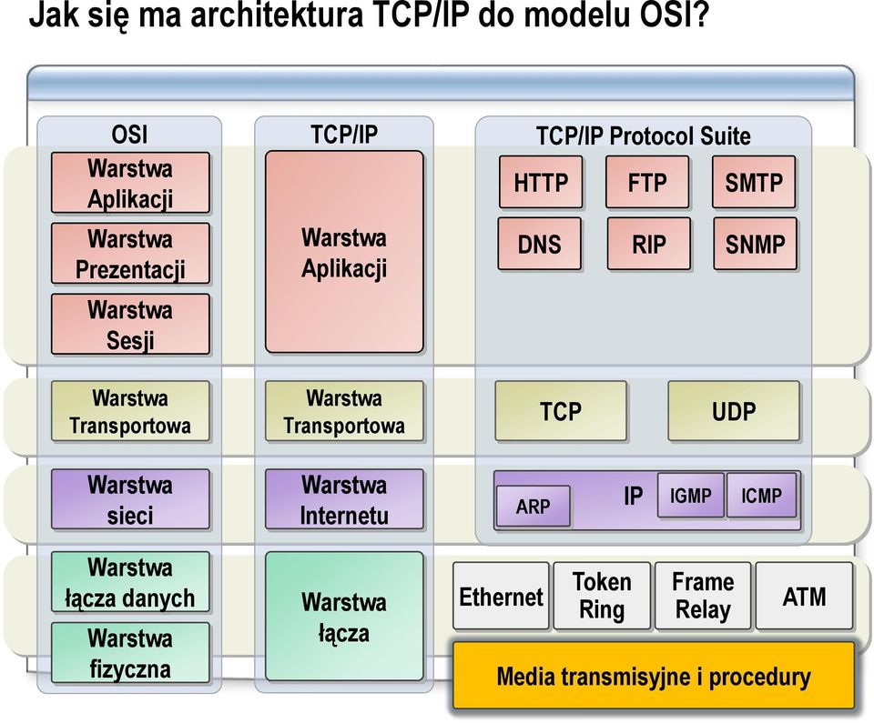 Suite HTTP FTP SMTP DNS RIP SNMP Warstwa Transportowa Warstwa Transportowa TCP UDP Warstwa sieci