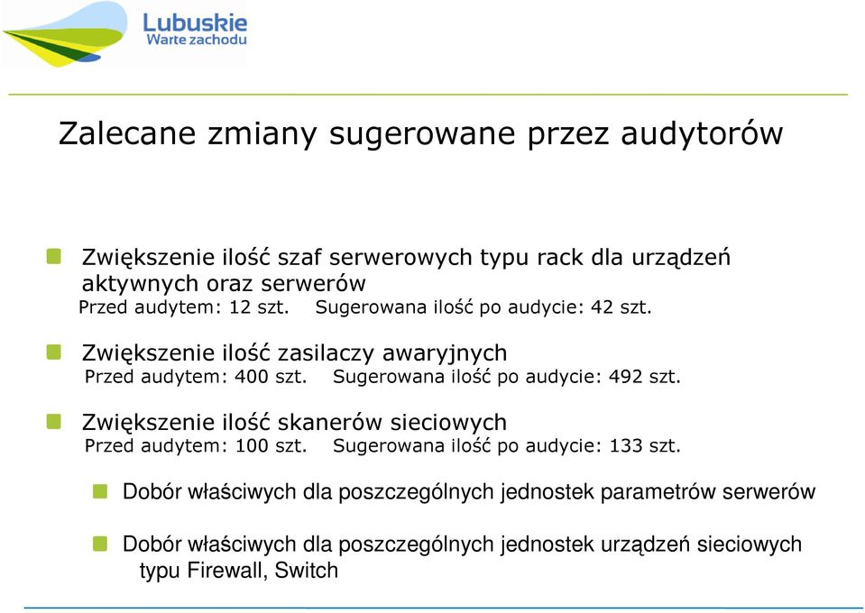 Sugerowana ilość po audycie: 492 szt. Zwiększenie ilość skanerów sieciowych Przed audytem: 100 szt.