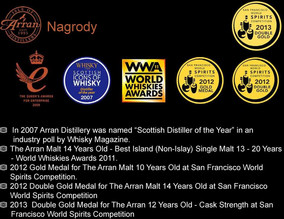 2012 Gold Medal for The Arran Malt 10 Years Old at San Francisco World Spirits Competition.