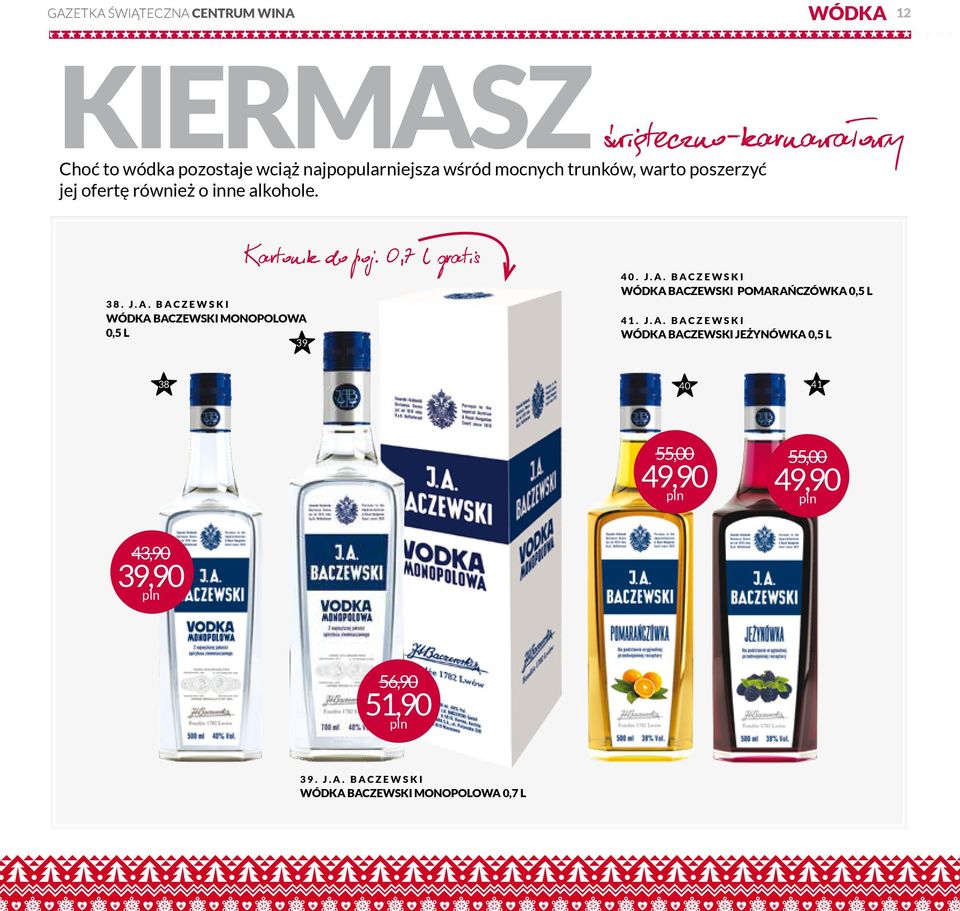 BACZEWSKI WÓDKA BACZEWSKI MONOPOLOWA 0,5 L 39 Kartonik do poj. 0,7 l gratis 40. J.A. BACZEWSKI WÓDKA BACZEWSKI POMARAŃCZÓWKA 0,5 L 41.