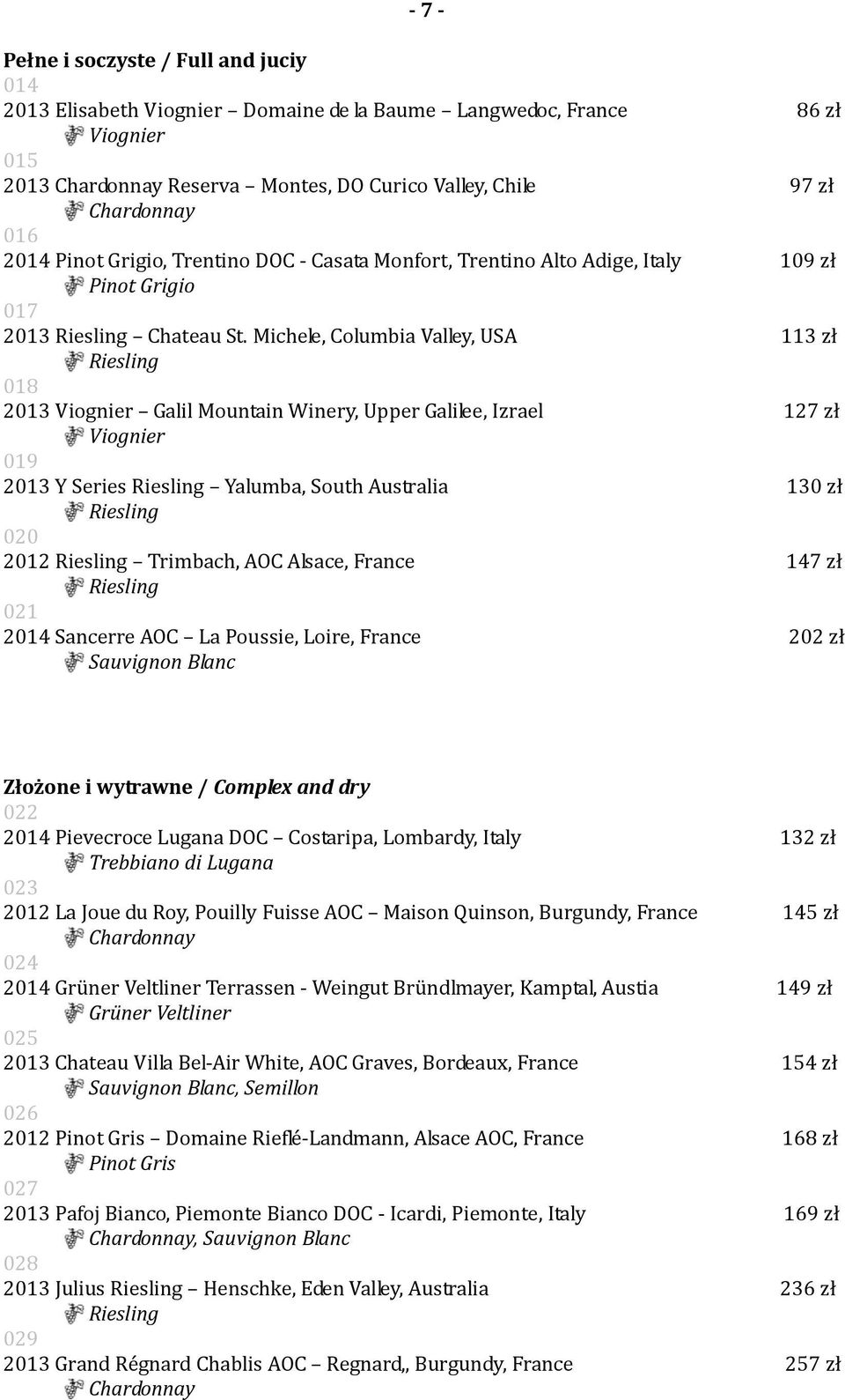 Michele, Columbia Valley, USA 113 zł Riesling 018 2013 Viognier Galil Mountain Winery, Upper Galilee, Izrael 127 zł Viognier 019 2013 Y Series Riesling Yalumba, South Australia 130 zł Riesling 020