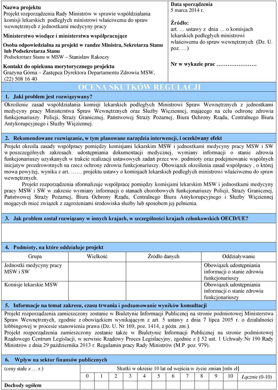 merytorycznego projektu Grażyna Górna astępca Dyrektora Departamentu drowia MSW, (22) 508 16 40 Data sporządzenia 5 marca 2014 r. OE SKUTKÓW REGULJI Źródło: art.