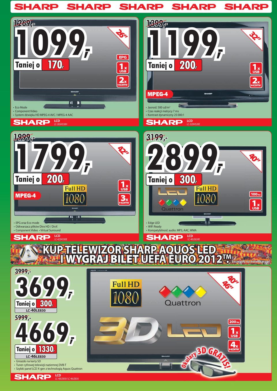 LC-42SH330E Edge LED WiFi Ready Kompatybilność audio: MP3, C, WM LC-40LE630E KUP TELEWIZOR SHRP QUOS LED I WYGRJ BILET UEF EURO 2012 T Ṃ Szczegóły na www.sharp.