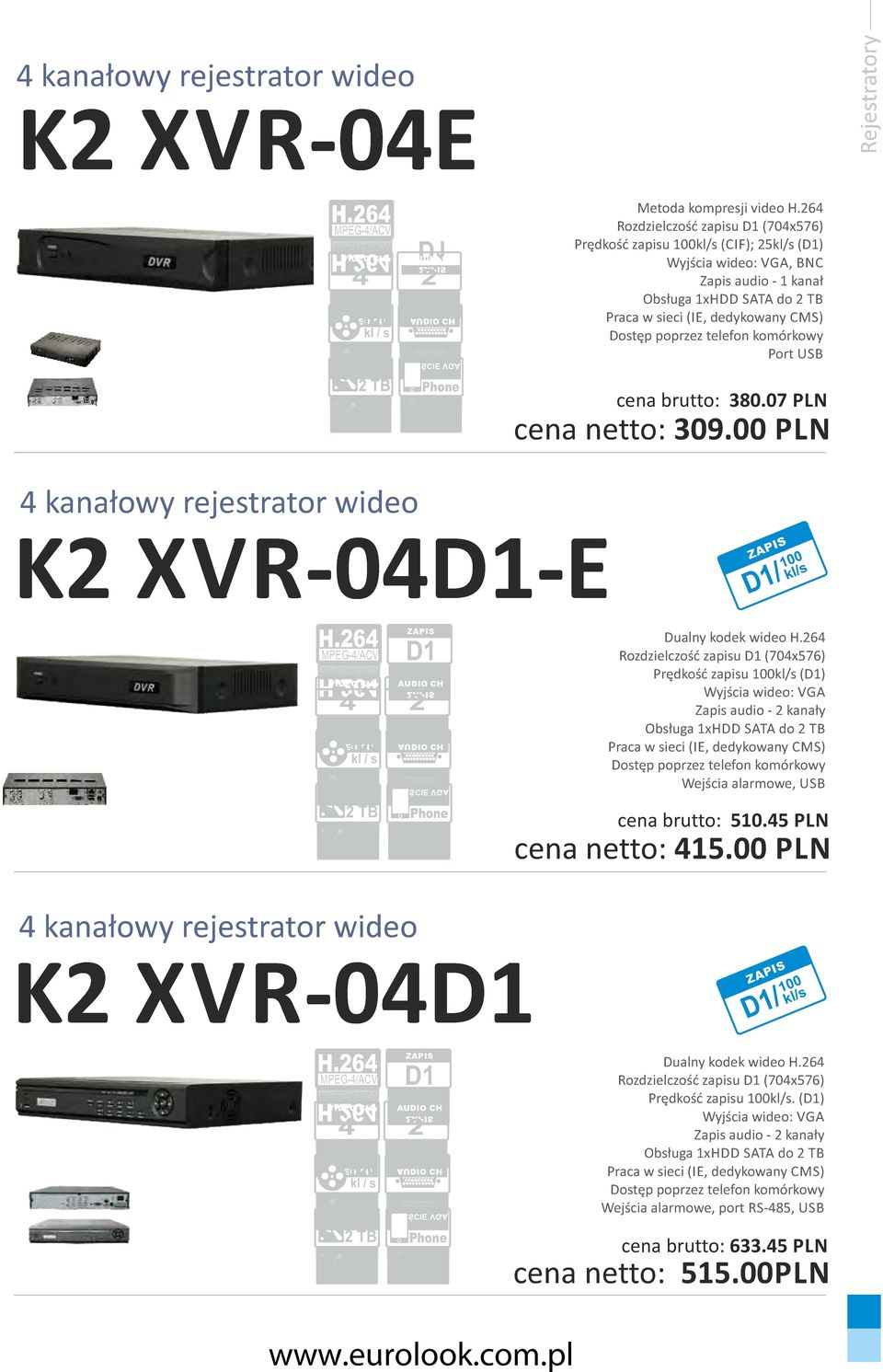 00 PLN 4 kanałowy rejestrator wideo K2 XVR-04-E kls MPEG-4ACV MPEG-4ACV 4 kl s 4 kl s 2 TB 2 2 2 TB Dualny kodek wideo Rozdzielczość zapisu (704x576) Prędkość zapisu kls () Wyjścia wideo: Zapis audio