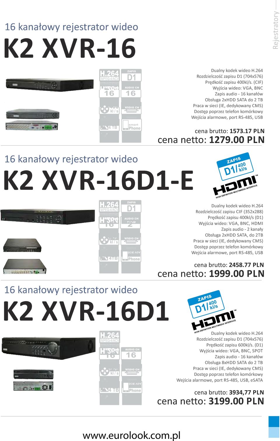 00 PLN kanałowy rejestrator wideo K2 XVR--E 400 kls MPEG-4ACV MPEG-4ACV 400 kl s kl s 4TB 4 TB 2 2 Dualny kodek wideo Rozdzielczość zapisu CIF (352x2) Prędkość zapisu 400kls () Wyjścia wideo:, BNC,