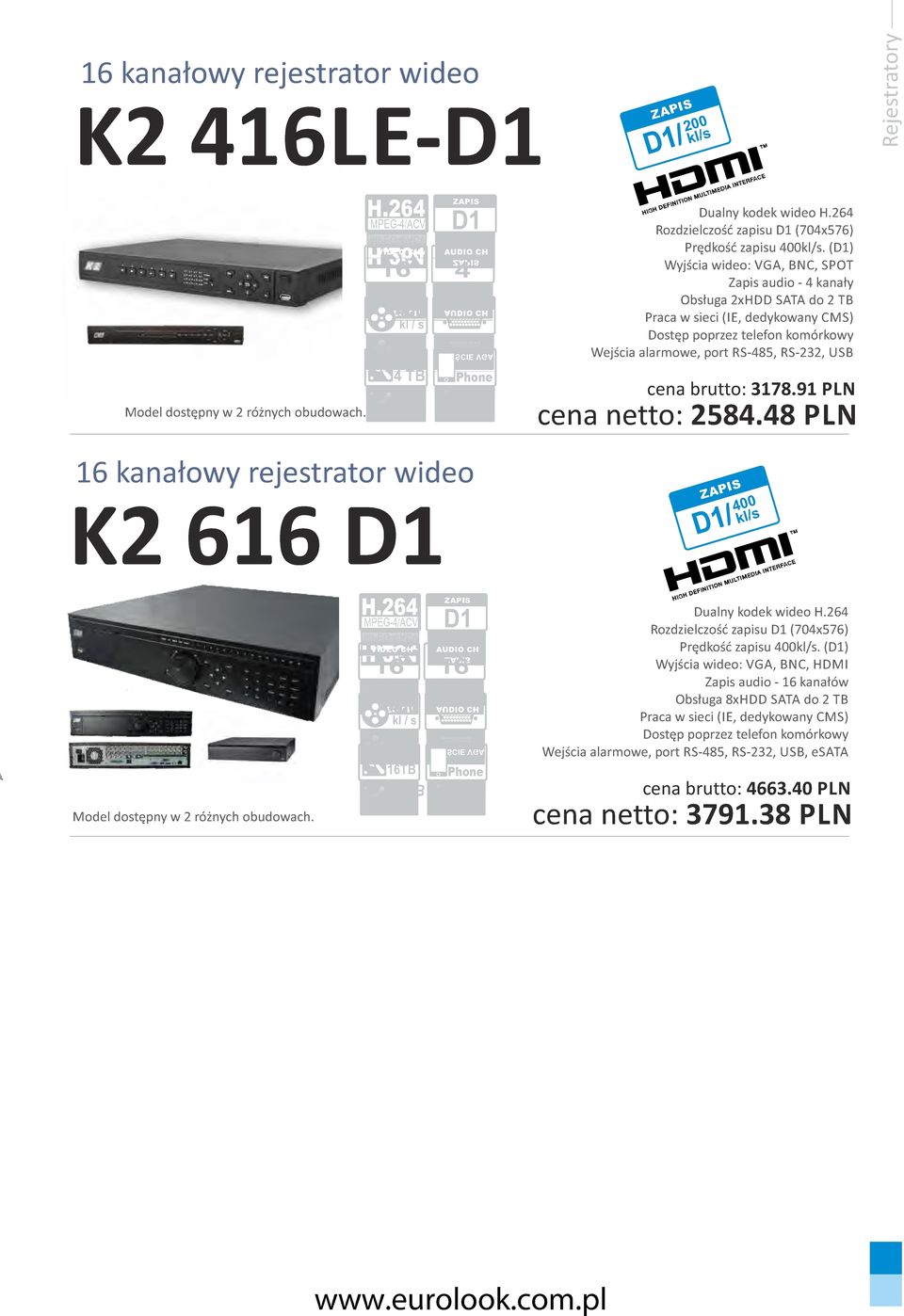 () Wyjścia wideo:, BNC, SPOT Zapis audio - 4 kanały Obsługa 2x SATA do 2 TB Wejścia alarmowe, port RS-45, RS-232, USB cena brutto: 317.91 PLN cena netto: 254.