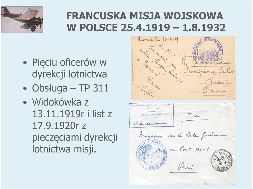 Obsługa TP 311 Widokówka z 13.11.1919r i list z 17.