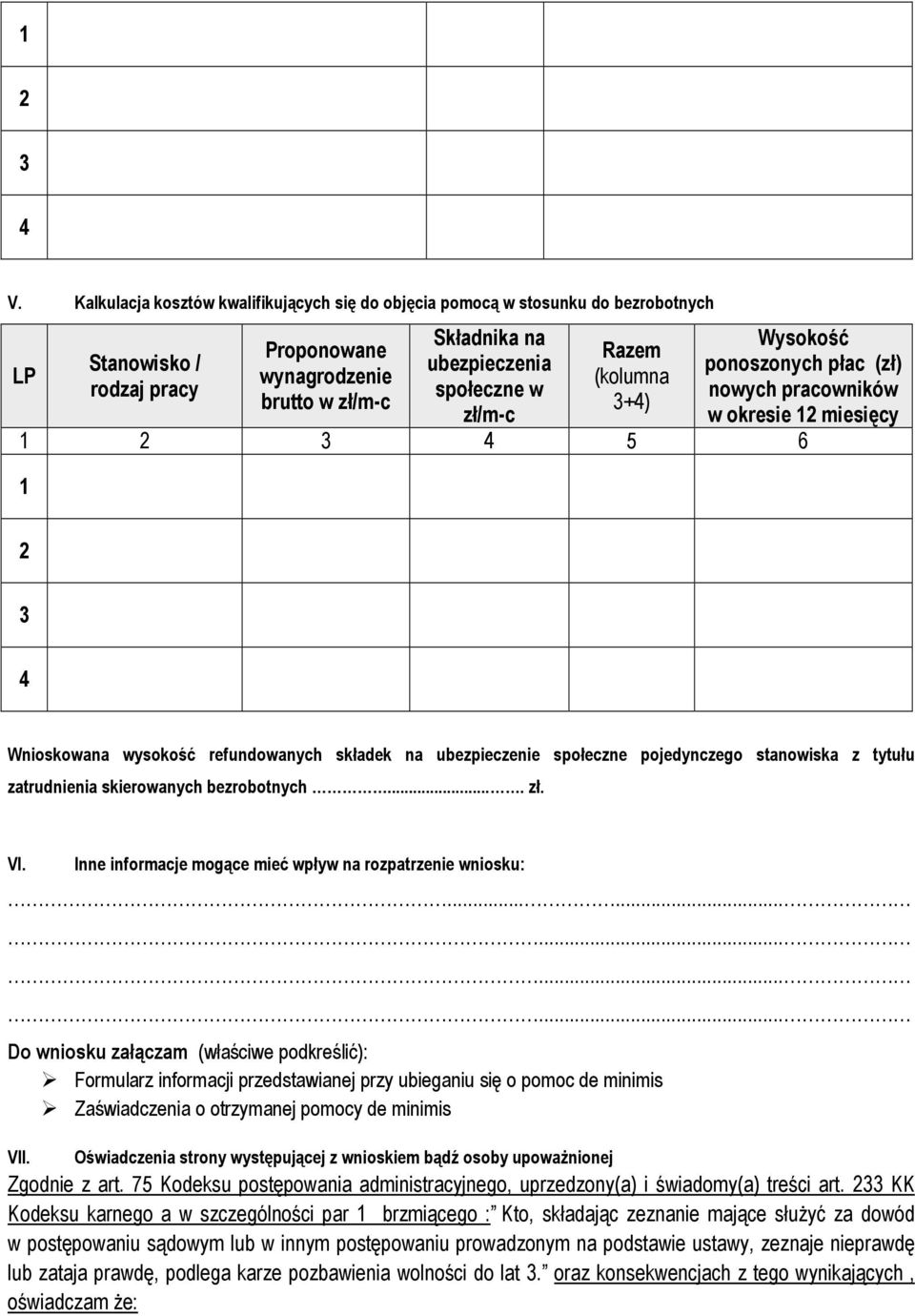 zł/m-c Razem (kolumna 3+4) Wysokość ponoszonych płac (zł) nowych pracowników w okresie 12 miesięcy 1 2 3 4 5 6 1 2 3 4 Wnioskowana wysokość refundowanych składek na ubezpieczenie społeczne