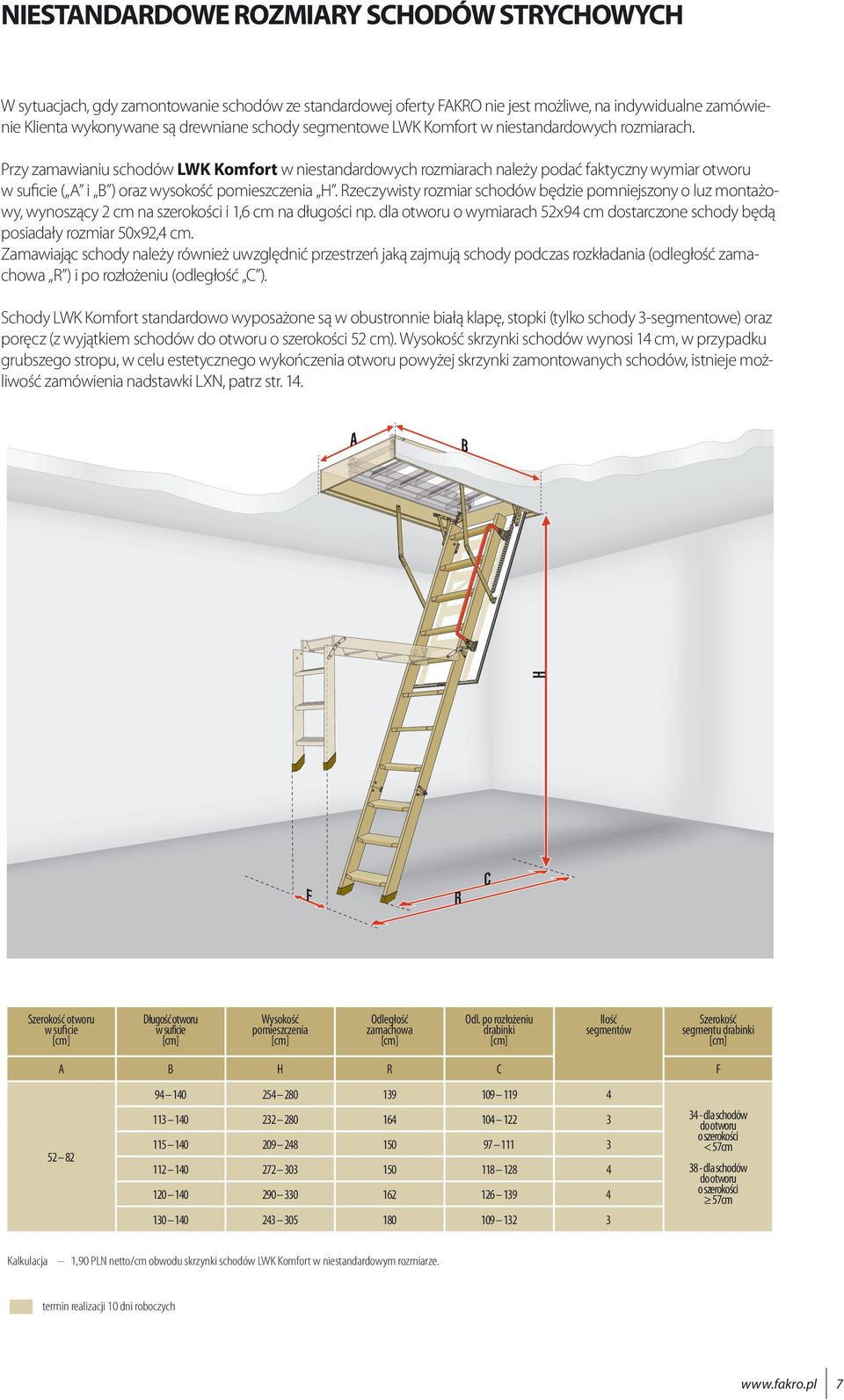 Przy zamawianiu schodów LWK Komfort w niestandardowych rozmiarach należy podać faktyczny wymiar otworu w suficie ( A i B ) oraz wysokość pomieszczenia H.