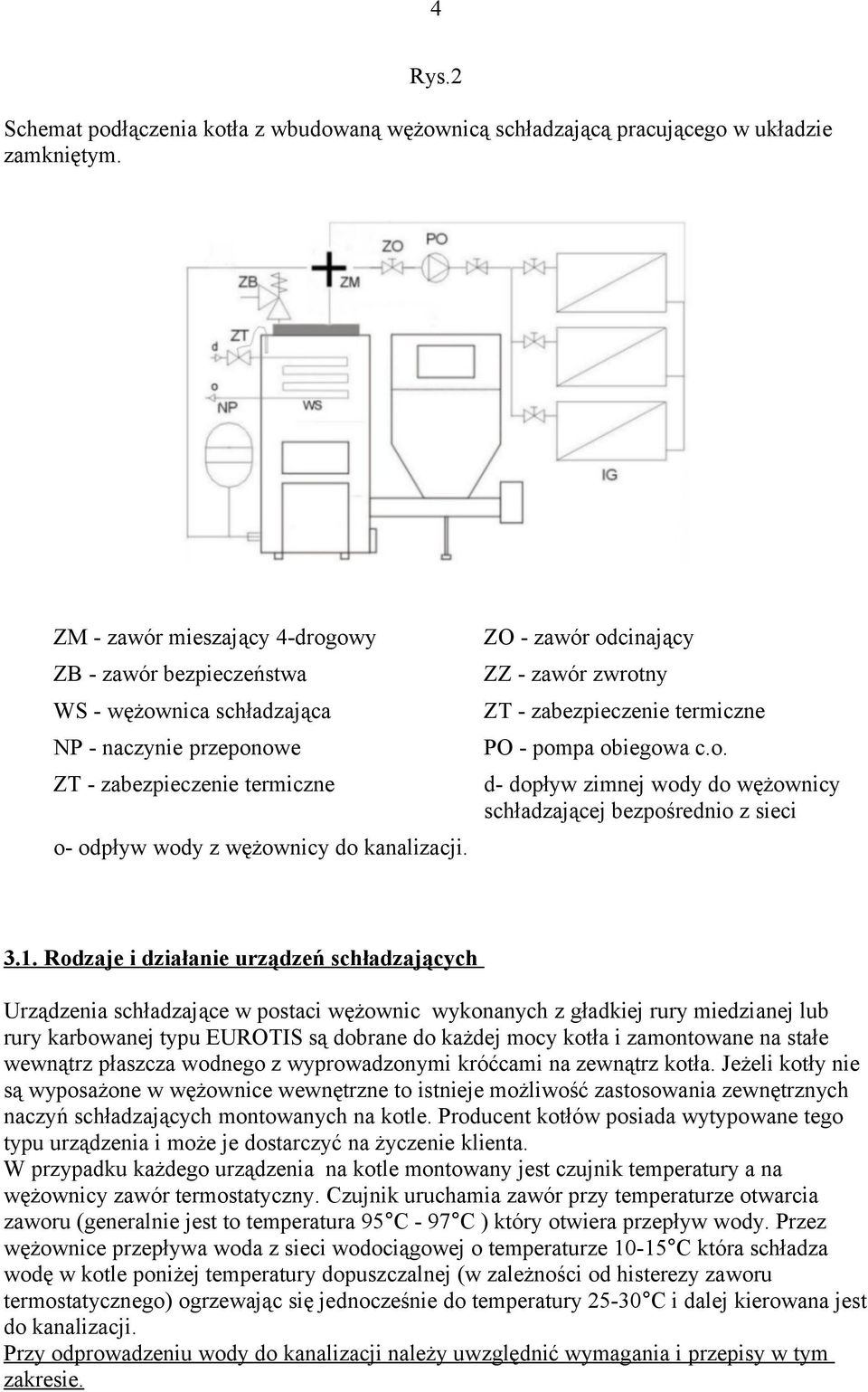 ZO - zawór odcinający ZZ - zawór zwrotny ZT - zabezpieczenie termiczne PO - pompa obiegowa c.o. d- dopływ zimnej wody do wężownicy schładzającej bezpośrednio z sieci 3.1.