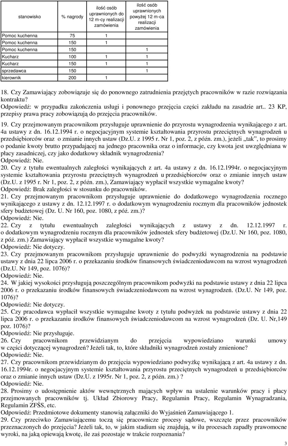 Odpowiedź: w przypadku zakończenia usługi i ponownego przejęcia części zakładu na zasadzie art.. 23 KP, przepisy prawa pracy zobowiązują do przejęcia pracowników. 19.