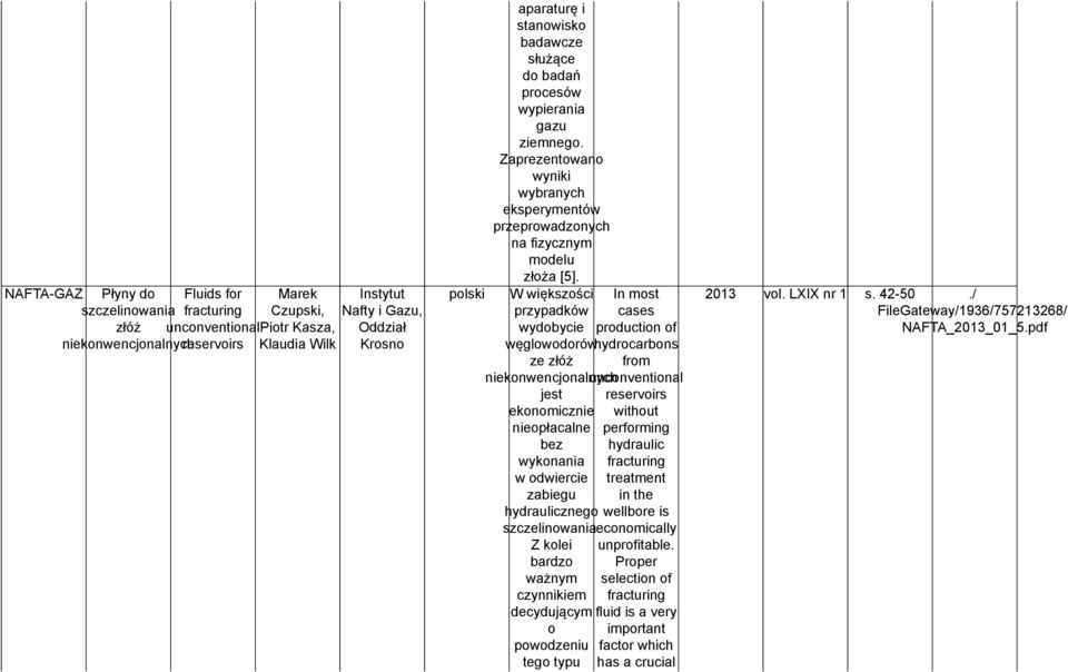 W większości przypadków wydobycie węglowodorów ze złóż production of hydrocarbons from niekonwencjonalnych unconventional jest reservoirs ekonomicznie without nieopłacalne performing bez hydraulic
