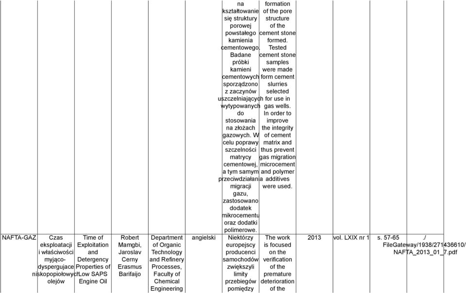 Badane próbki kamieni cementowych sporządzono z zaczynów uszczelniających wytypowanych do stosowania na złożach gazowych.