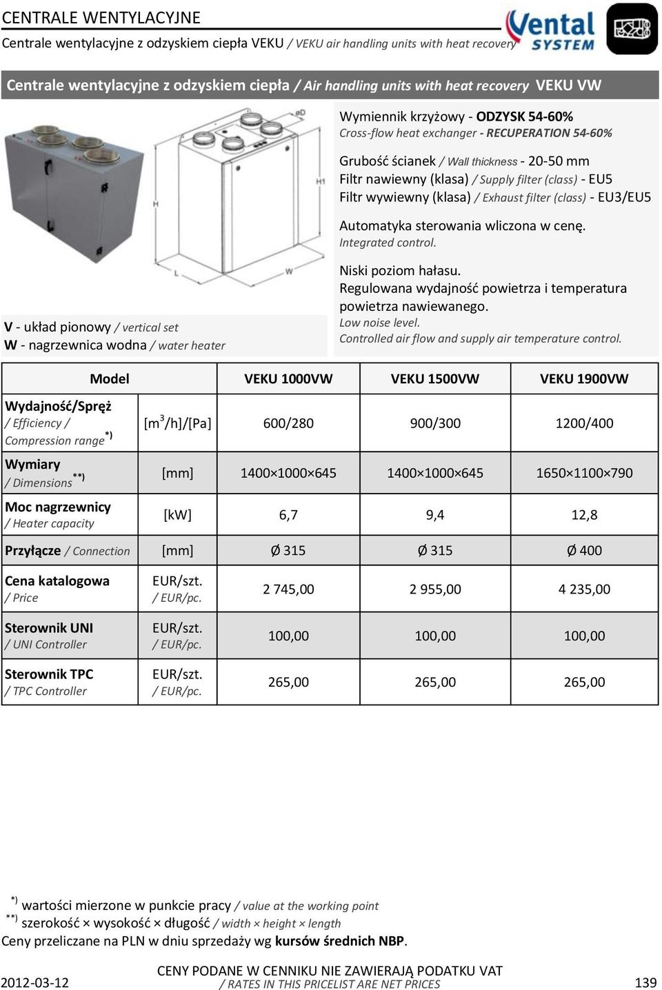 filter (class) - EU3/EU5 Automatyka sterowania wliczona w cenę. Integrated control. V - układ pionowy / vertical set W - nagrzewnica wodna / water heater Niski poziom hałasu.
