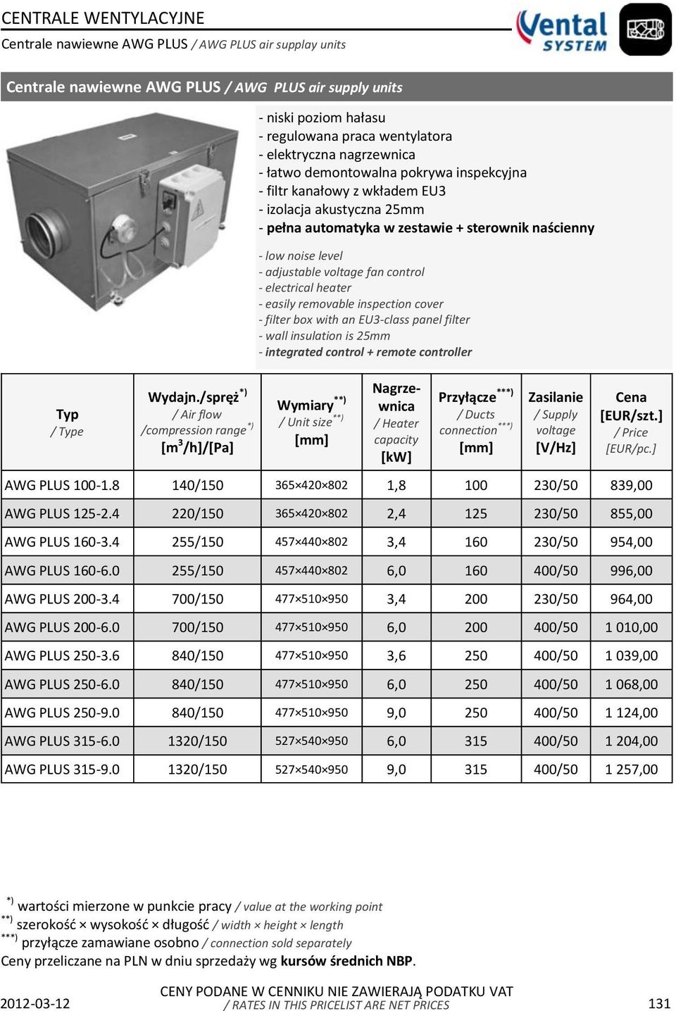 wkładem EU3 - izolacja akustyczna 25mm - pełna automatyka w zestawie + sterownik naścienny - low noise level - adjustable voltage fan control - electrical heater - easily removable inspection cover -