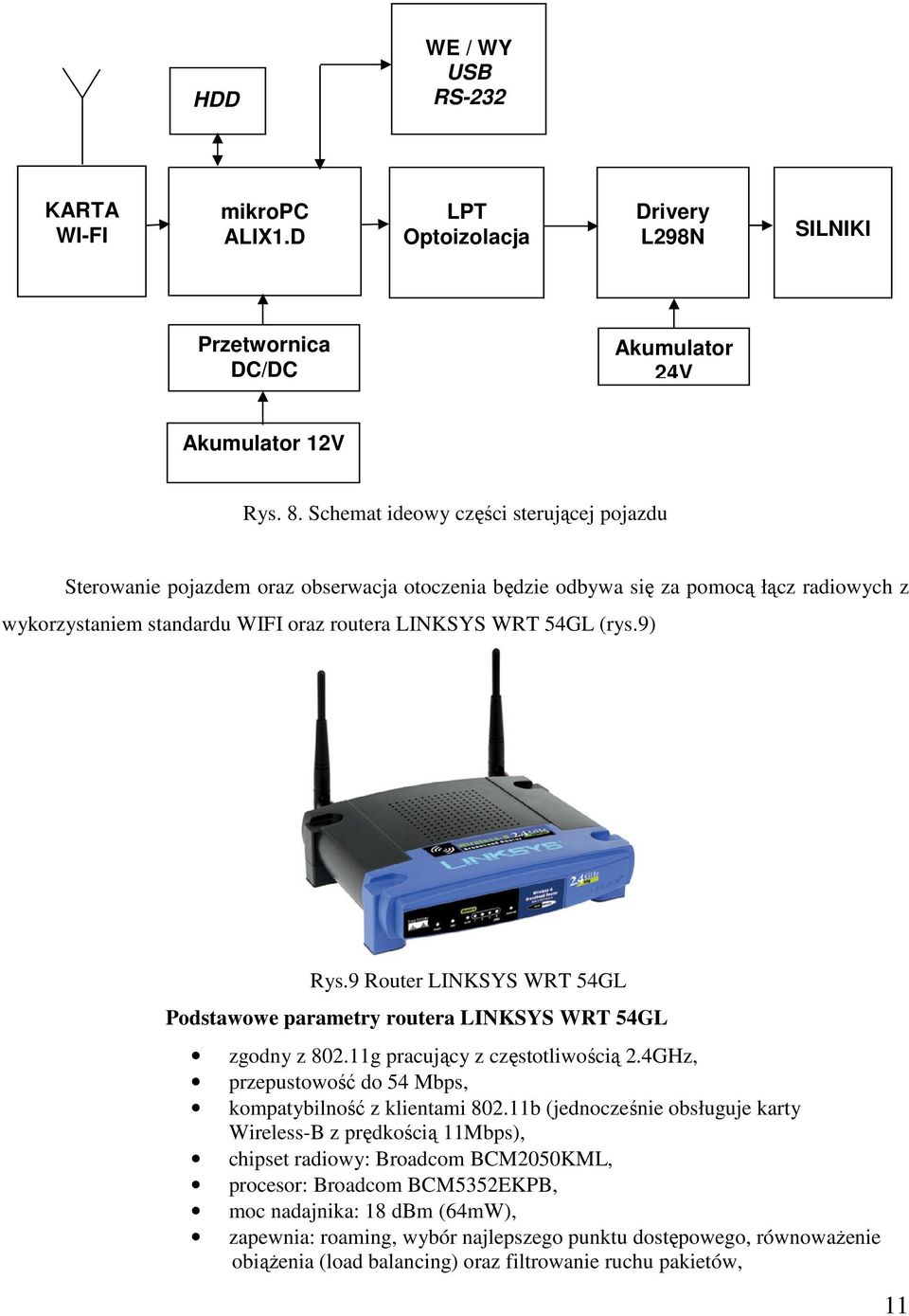 9) Rys.9 Router LINKSYS WRT 54GL Podstawowe parametry routera LINKSYS WRT 54GL zgodny z 802.11g pracujący z częstotliwością 2.4GHz, przepustowość do 54 Mbps, kompatybilność z klientami 802.