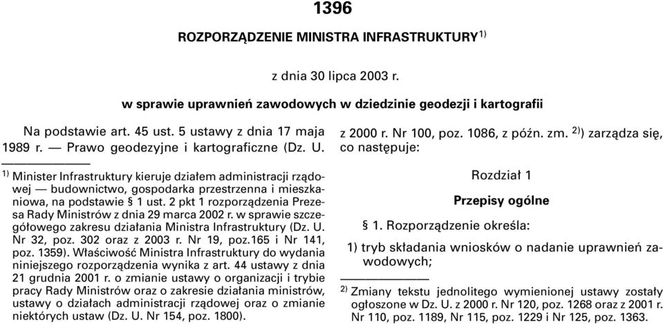 2 pkt 1 rozporzàdzenia Prezesa Rady Ministrów z dnia 29 marca 2002 r. w sprawie szczegó owego zakresu dzia ania Ministra Infrastruktury (Dz. U. Nr 32, poz. 302 oraz z 2003 r. Nr 19, poz.