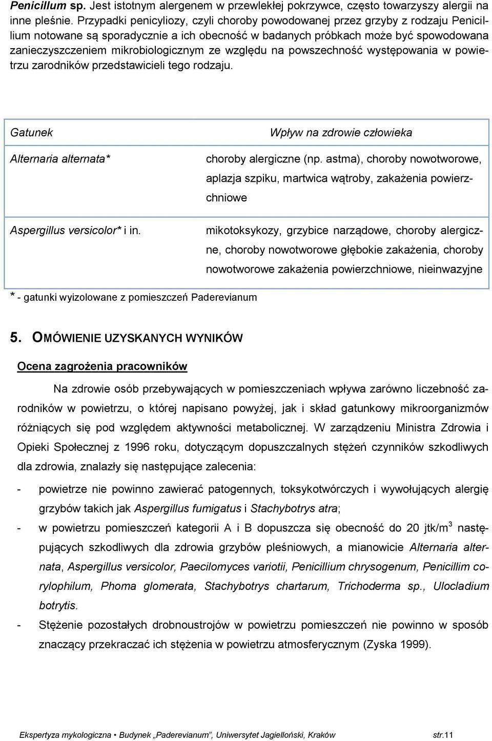 mikrobiologicznym ze względu na powszechność występowania w powietrzu zarodników przedstawicieli tego rodzaju. Gatunek Alternaria alternata* Aspergillus versicolor* i in.