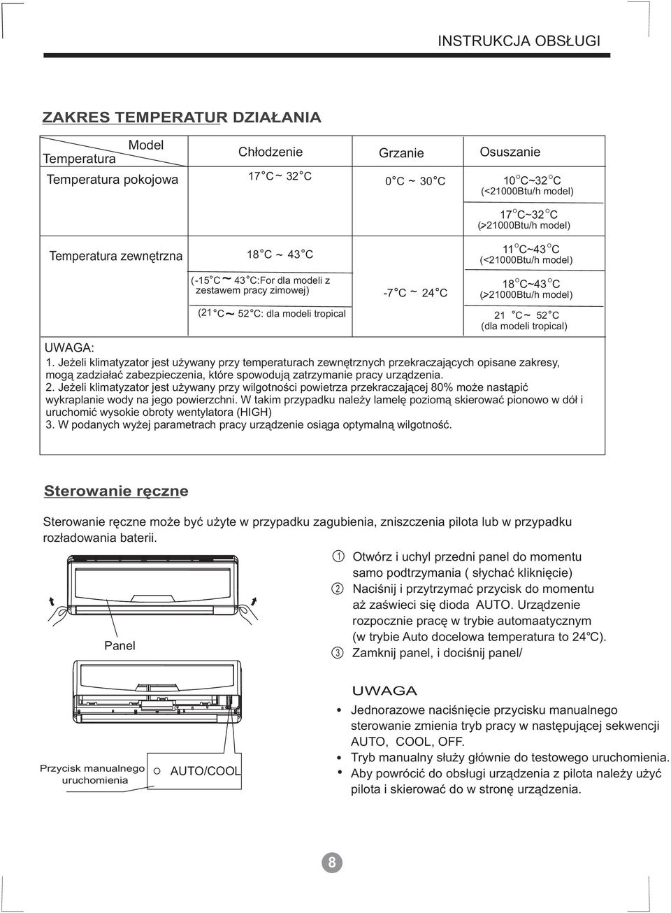 modeli tropical 21 C~ 52 C ( dla modeli tropical) UWAGA: 1.